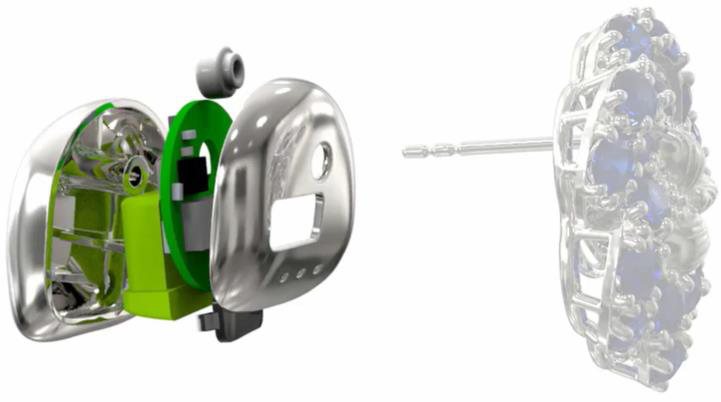 Exploded CAD view of the Ear-O-Smart wearable module beside a rendered earring
